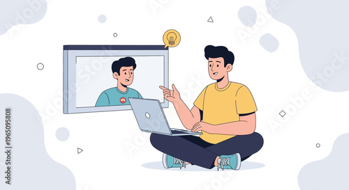 Man on Laptop Video Call with Friend, Online Communication, Remote Work