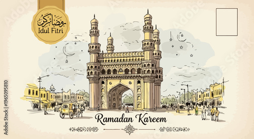 Tradycyjna kartka pocztowa z ręcznie rysowanym meczetem Charminar w Indiach, celebrująca święta Ramadan Kareem oraz radosne Idul Fitri.