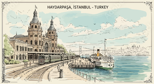 Artystyczna grafika przedstawiająca terminal kolejowy Haydarpaşa w Turcji z widokiem na morze i zabytkowe pociągi w stylu vintage.