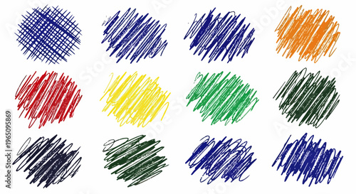 Zestaw dwunastu kolorowych bazgrołów narysowanych ręcznie długopisem na białym tle, idealny jako element dekoracyjny do projektów graficznych.