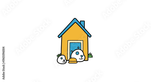 Panda Bears Playing Outside House.