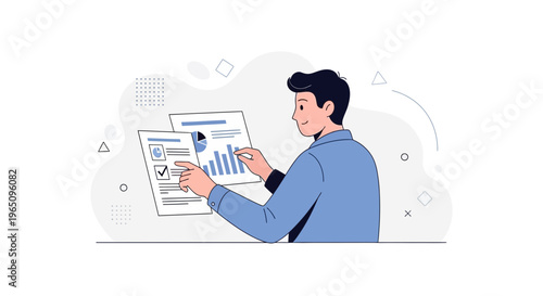 Man analyzing financial reports with charts and checklist, business analytics concept