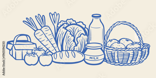 Fresh produce and groceries in a charming blue line silhouette