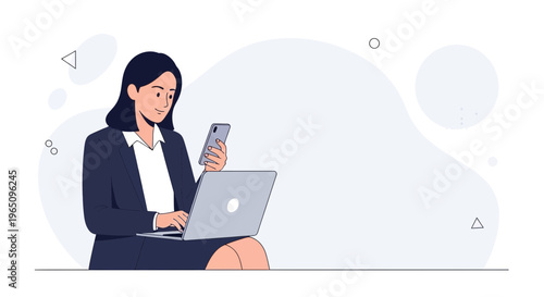 Businesswoman working on laptop and phone, modern office background, multitasking concept