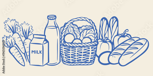 Sketch of groceries including produce dairy and bread silhouette
