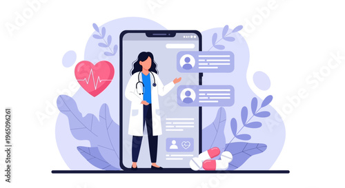 Illustration of a female doctor presenting on a large smartphone with a heart and chat interface in a purple-toned digital environment.
