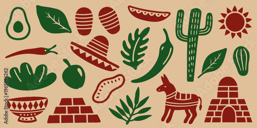 Mexican themed illustrations with cacti avocado and a donkey silhouette