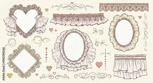 Zestaw ręcznie rysowanych ramek w stylu vintage z koronkami, falbankami i sercami, idealny do zaproszeń ślubnych i projektów scrapbookingowych.