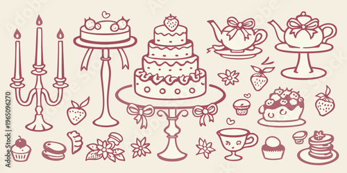 Charming hand drawn desserts and tea set in a whimsical silhouette