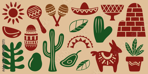 Colorful mexican themed objects and plants flat vector illustration silhouette