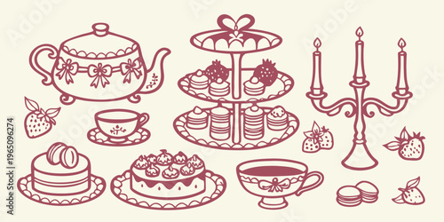 Elegant tea set with cakes and strawberries a charming silhouette