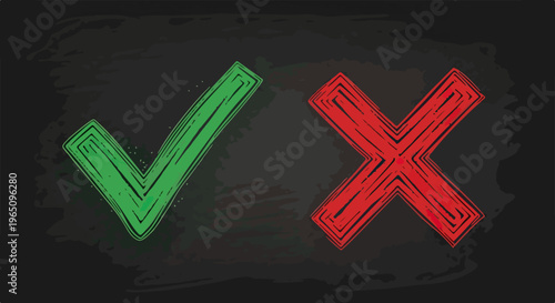 Zielony ptaszek i czerwony krzyżyk narysowane kredą na ciemnej tablicy, symbolizujące wybór między tak a nie oraz sukces i porażkę.