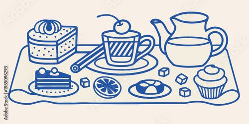 Blue line art of breakfast items arranged on a tray silhouette