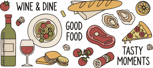 Wine and Dine Gourmet Food Playful Kitchen, Illustration Cartoon Collection