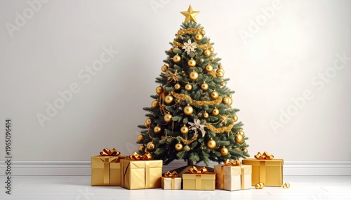 Festive Christmas tree adorned with gold ribbons and star ornaments stands surrounded by holiday gift boxes and presents for a joyful New Year celebration