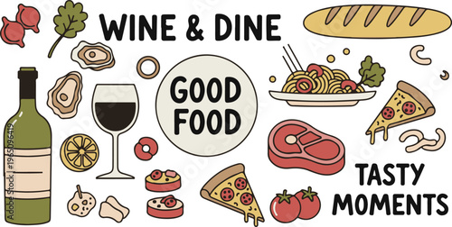 Wine and Dine Gourmet Food Playful Kitchen, Illustration Cartoon Collection