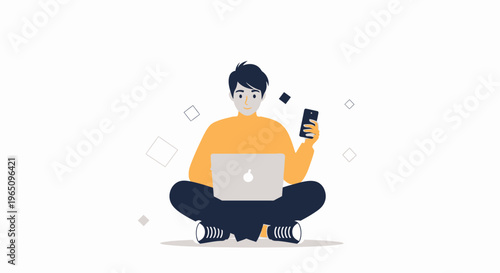 Young man with laptop and smartphone sitting cross-legged, flat design, remote work concept
