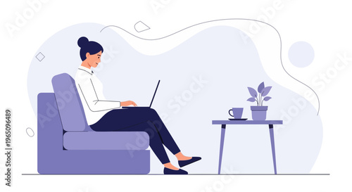 Woman working on laptop on sofa, modern minimalist illustration, home office concept