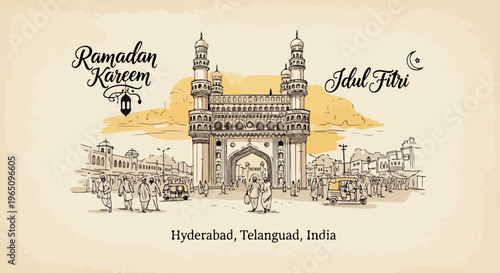 인도 하이데라바드의 상징적인 차르미나르 사원과 주변 시장의 활기찬 모습을 담은 라마단 카림 및 이둘 피트르 축하용 빈티지 스타일의 정교한 핸드 드로잉 스케치 일러스트레이션 배경입니다.