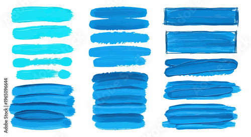 흰색 배경 위에 그려진 여러 가지 형태의 파란색 마커 스트로크와 붓터치 세트로 창의적인 디자인 프로젝트에서 텍스트를 강조하거나 예술적인 분위기를 연출할 때 활용하기 좋은 고품질 그래픽 리소스 모음입니다.