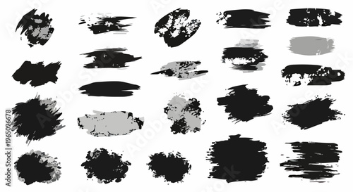 흰색 배경 위에 흩뿌려진 검은색과 회색의 거친 잉크 브러시 스트로크 및 질감이 느껴지는 수채화 페인트 얼룩 세트로 디자인 프로젝트에 예술적이고 빈티지한 감성을 더해주는 그래픽 리소스 모음입니다.
