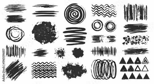 흰색 배경 위에 배열된 다양한 형태의 검정색 잉크 브러시 스트로크와 손으로 직접 그린 추상적인 원형, 삼각형, 지그재그 패턴 및 그런지 스타일의 질감 요소들이 포함된 다채로운 디자인 소스 세트입니다.