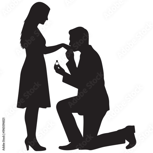 Silhouette of a man proposing to a woman on one knee with an engagement ring and kissing her hand