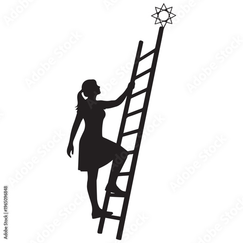 Silhouette of a woman climbing a tall ladder reaching for a star for success and ambition concept