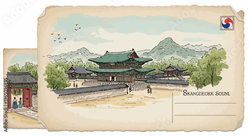 서울 창덕궁의 고풍스러운 풍경을 담은 빈티지 스타일의 엽서 일러스트레이션으로 전통 한옥 건축물과 아름다운 산세 그리고 한복을 입은 사람들의 모습이 어우러진 한국의 역사적인 여행 기념품 디자인입니다.