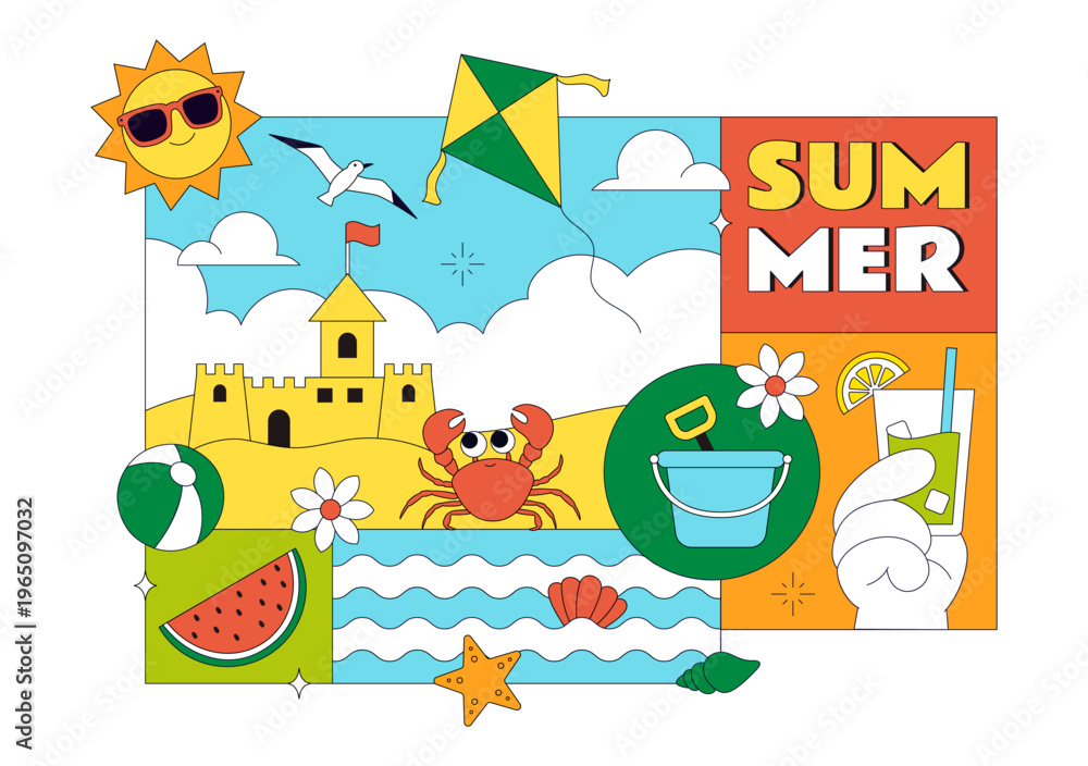 Naklejka premium Summer Vacation Vector Illustration Featuring Beach Activities, Tropical Elements, Sunshine Holiday Scene, Ocean Leisure, and Seasonal Travel Design