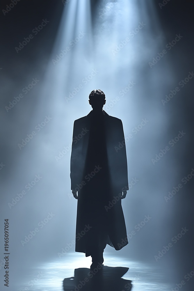 Fototapeta premium Shadowy figure illuminated by spotlights, evoking mystery and contemplation