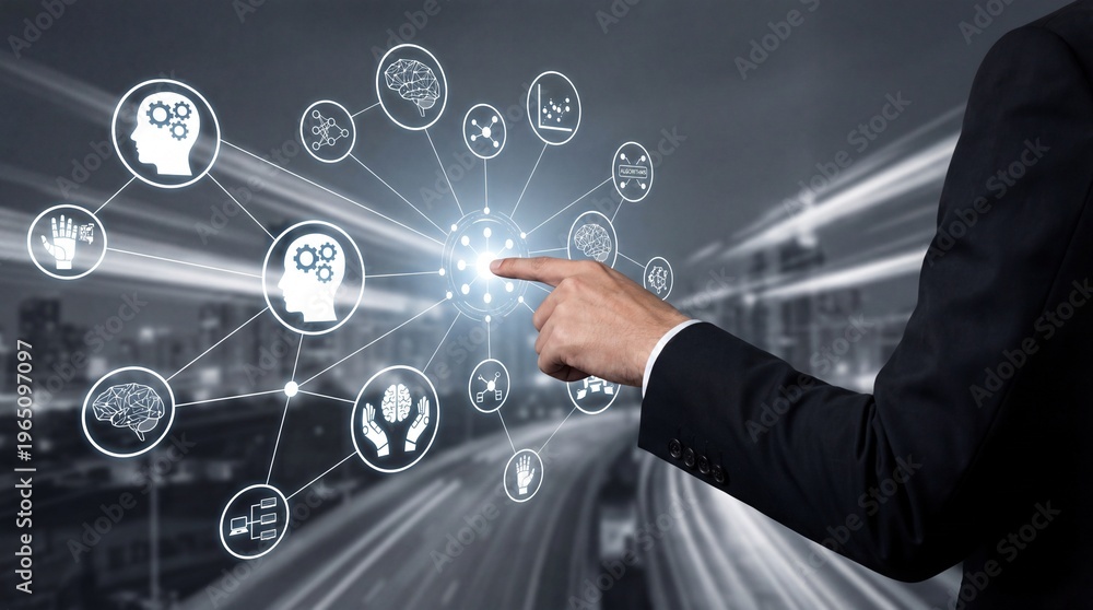 Obraz premium Businessman interacting with innovative technology interface with brain and gear icons