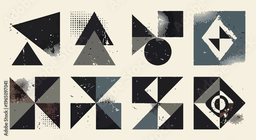 빈티지한 그런지 텍스처와 추상적인 기하학적 도형들이 조화를 이루는 바우하우스 스타일의 미니멀리즘 디자인 요소 세트로 삼각형, 사각형, 원형이 결합된 현대적인 예술적 배경 이미지입니다.