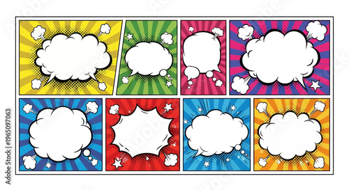 Colorful comic book style speech bubbles in a grid pattern on a white background