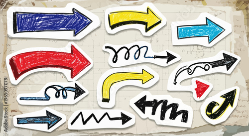 빈티지한 종이 질감 배경 위에 배치된 다채로운 색상의 손그림 화살표 스티커 세트로 직선과 곡선 및 지그재그 등 다양한 형태가 포함되어 있어 창의적인 아이디어 구상이나 내비게이션 디자인 소스로 적합합니다.