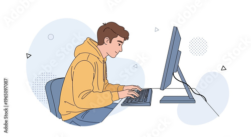 Young Boy Typing on Computer Keyboard, Focused on Screen, Studying or Gaming