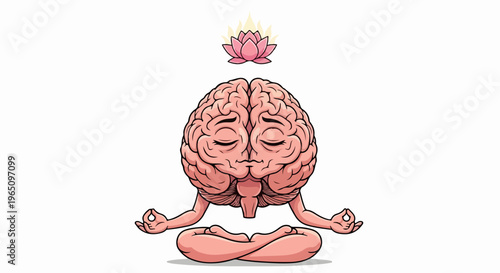 하얀 배경 위에서 가부좌를 틀고 명상에 잠긴 인간의 뇌 캐릭터와 그 위에 떠 있는 분홍색 연꽃이 조화를 이루며 정신적인 안정과 스트레스 해소 그리고 마음의 평화를 시각적으로 표현한 고품질 일러스트레이션입니다.