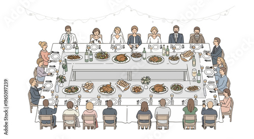 Diverse group of people enjoying festive banquet dinner, overhead view, illustration