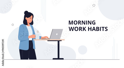 Woman with Coffee Working on Laptop, Morning Work Habits Concept