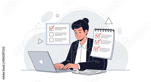 Businesswoman working on laptop with checklist and to-do list, productivity concept