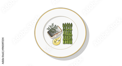 Gourmet salmon steak with asparagus and lemon slice on white plate, top view