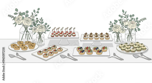 Elegant Dessert Table Display with Assorted Pastries and Floral Arrangements
