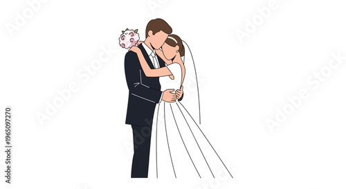 Happy Newlyweds Embracing Tenderly, Bride with Bouquet, Groom in Tuxedo, Wedding Celebration