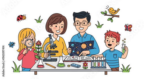 Family Exploring Science Together: Parents and Kids with Microscope, Book, and Experiments
