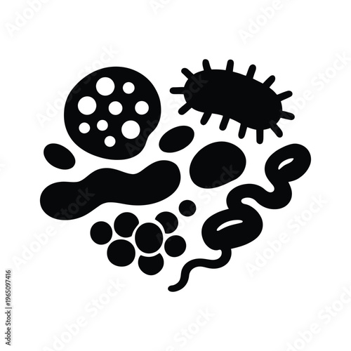 silhouette vector illustration depicting various types of microorganisms, such as bacteria and viruses on white background