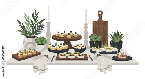 Elegant Appetizer Buffet Table with Canapés, Plants, and Candles