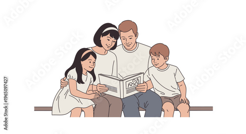 Family Reading Together: Parents and Two Children Enjoying a Book