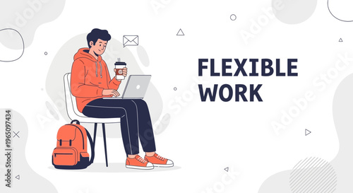 Young man working on laptop with coffee and backpack, flexible work concept