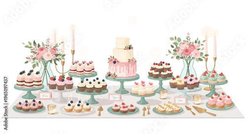 Elegant Wedding Dessert Table with Tiered Cake, Cupcakes, and Floral Decor