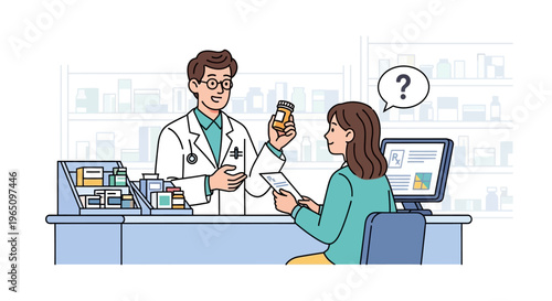 Pharmacist Explains Medication to Patient at Pharmacy Counter with Computer